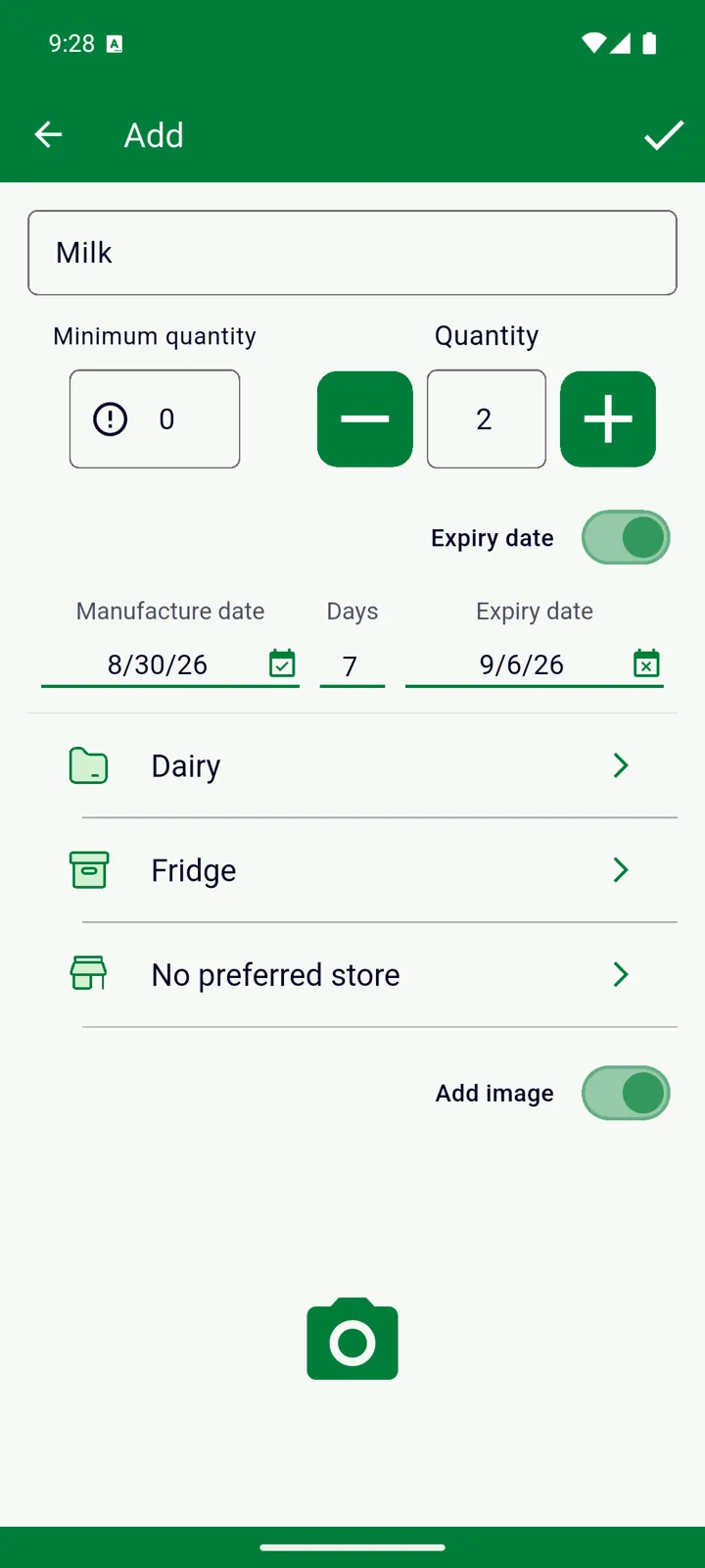 The Add form filled in for Milk