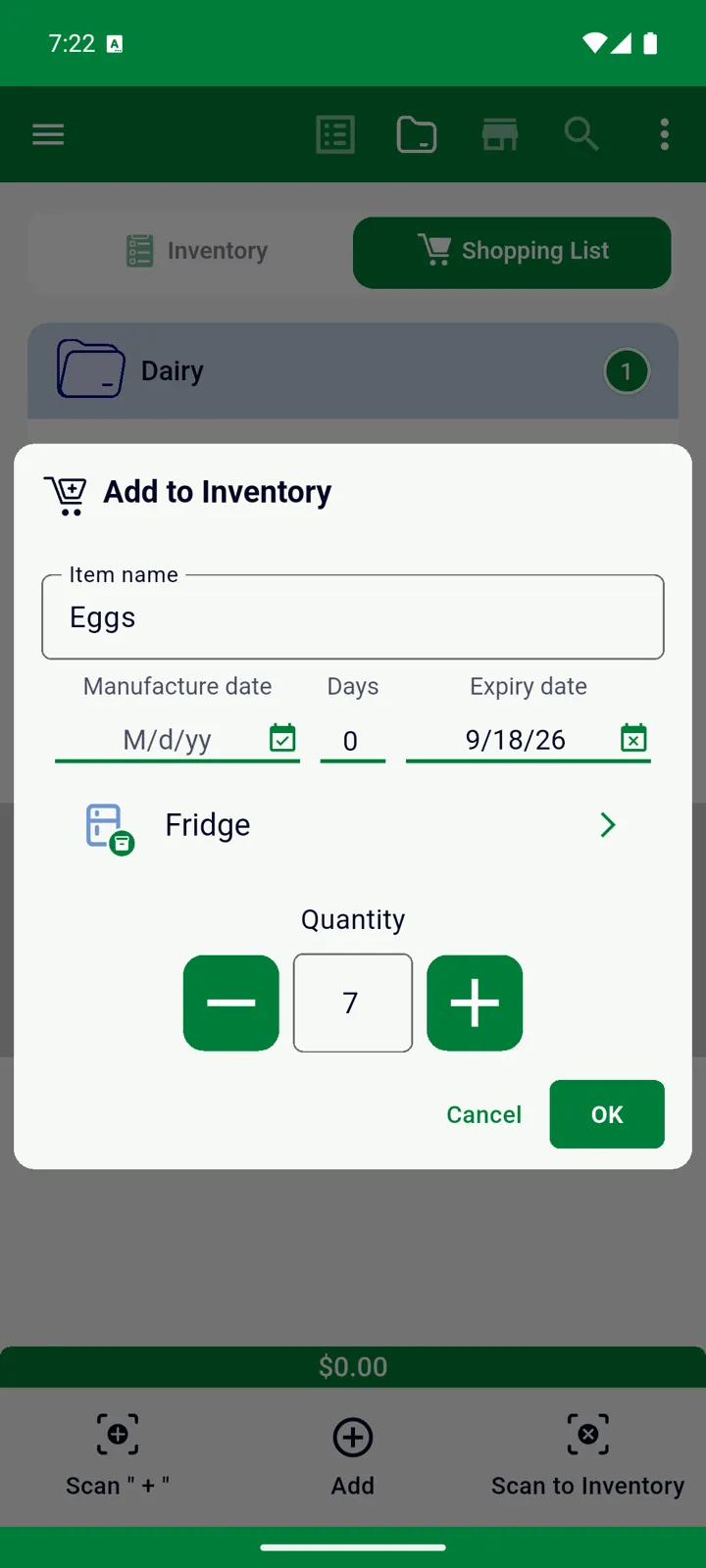 The Add to Inventory dialog for Eggs: the quantity from the list, the storage place and the expiry date