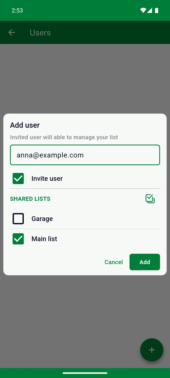 The Add user dialog with an email entered and Shared lists ticked