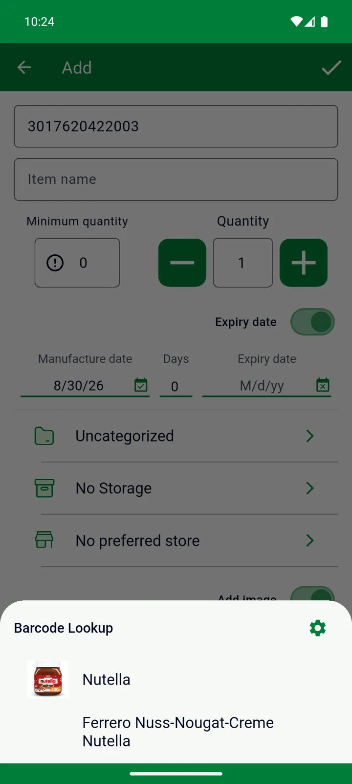 The Barcode Lookup sheet offering two candidates for a scanned barcode