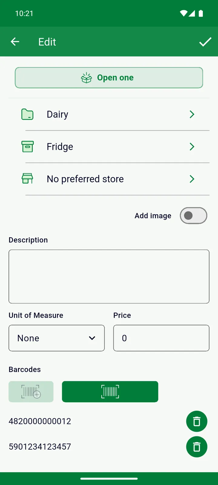 The Barcodes section of an item with two barcodes attached