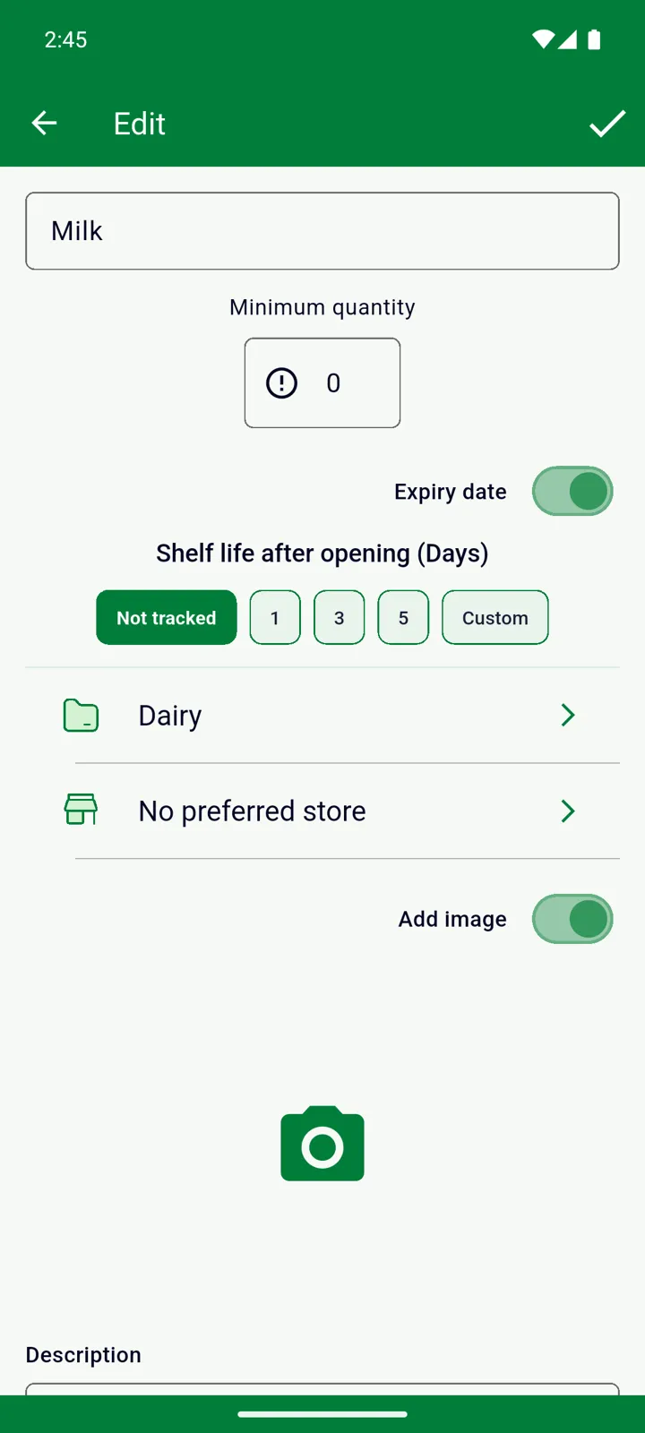 A product opened from the catalog: Milk, with its shelf life, category and store
