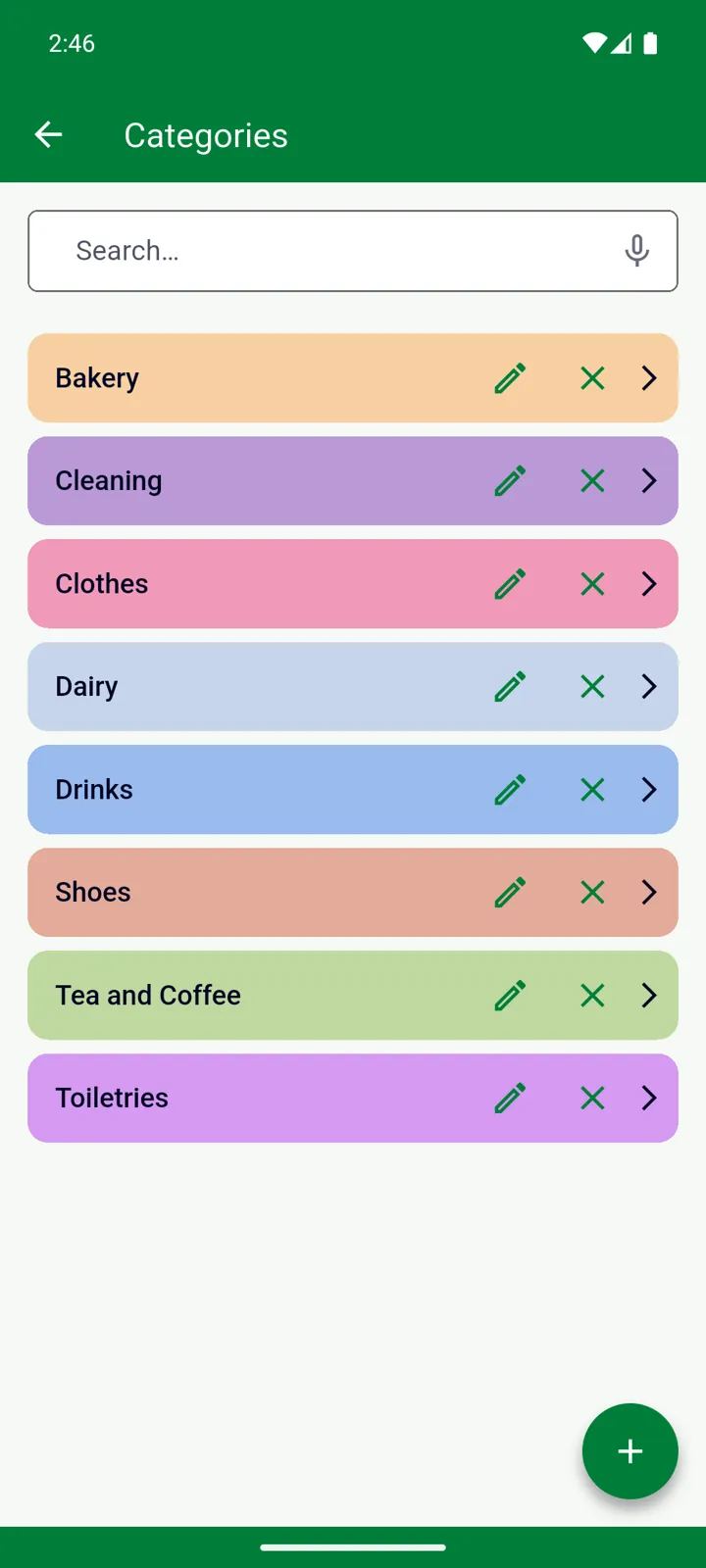 Manage → Categories with the sample categories, each in its own colour
