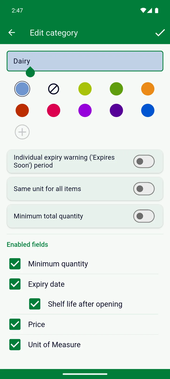 The category form for Dairy: colour, switches and Enabled fields