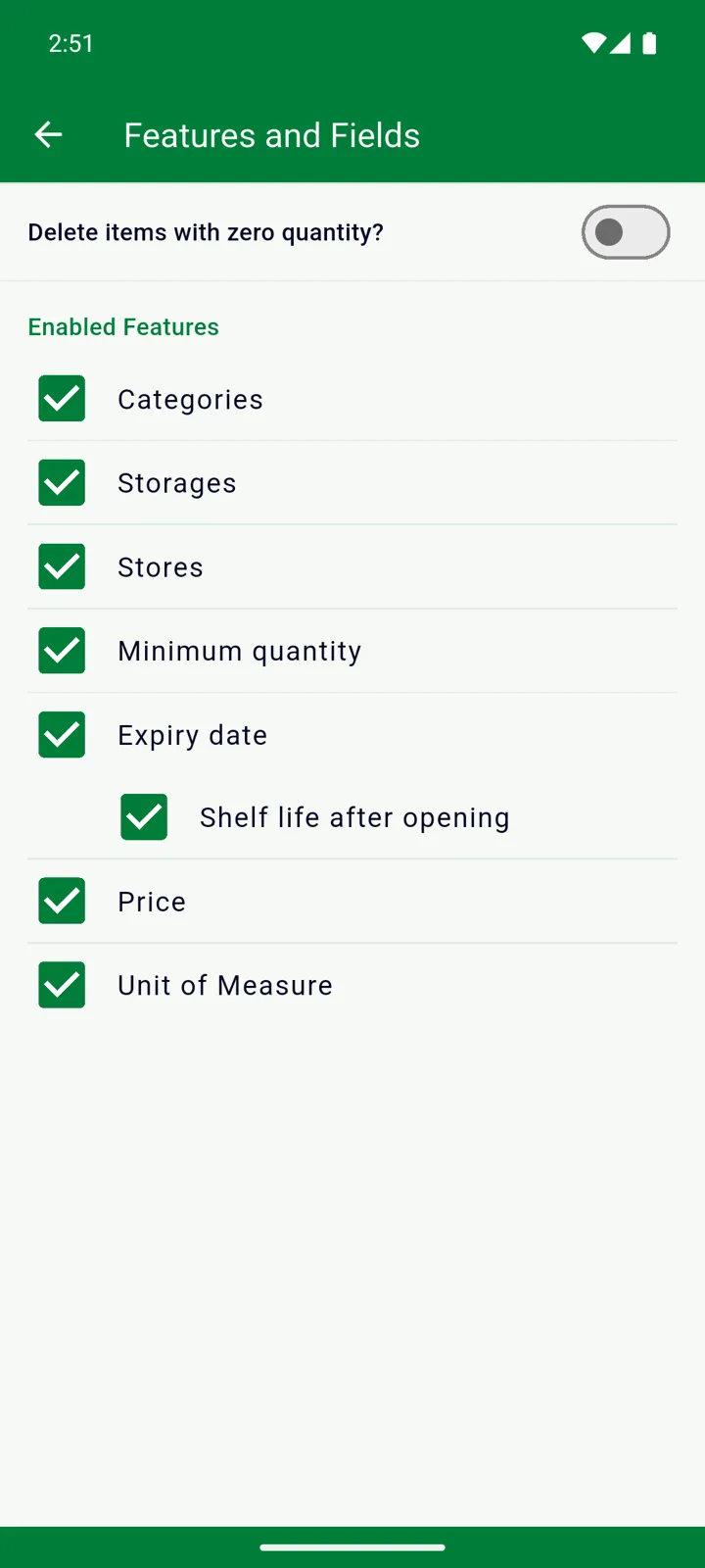 The Features and Fields screen with every switch on