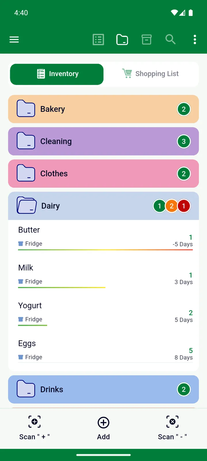 Butter expired five days ago and shows the full red bar; Milk expires in 3 days