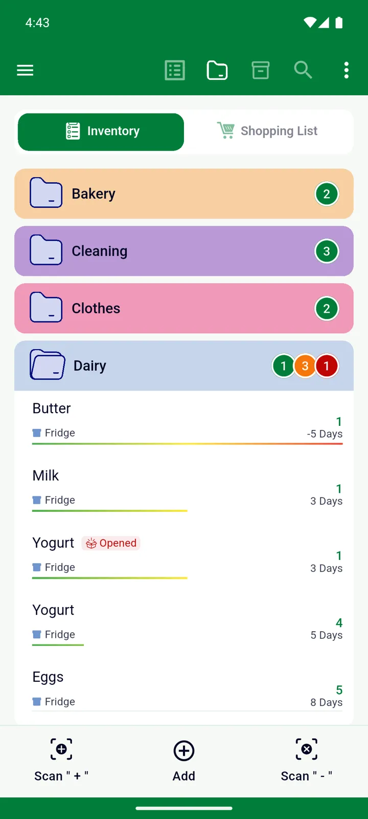 One opened yogurt with the Opened badge, listed above the four unopened ones