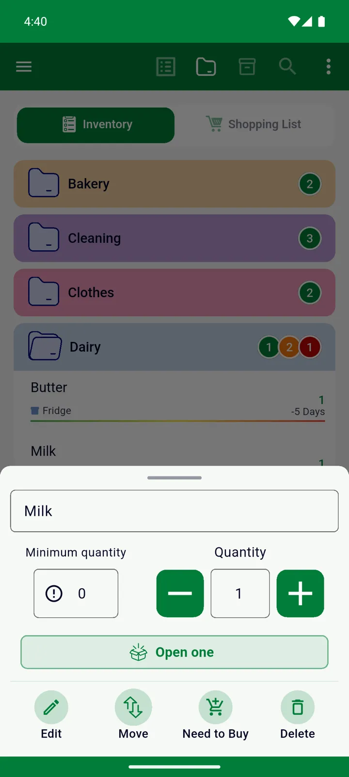 The quick panel for Milk with the quantity controls and action buttons