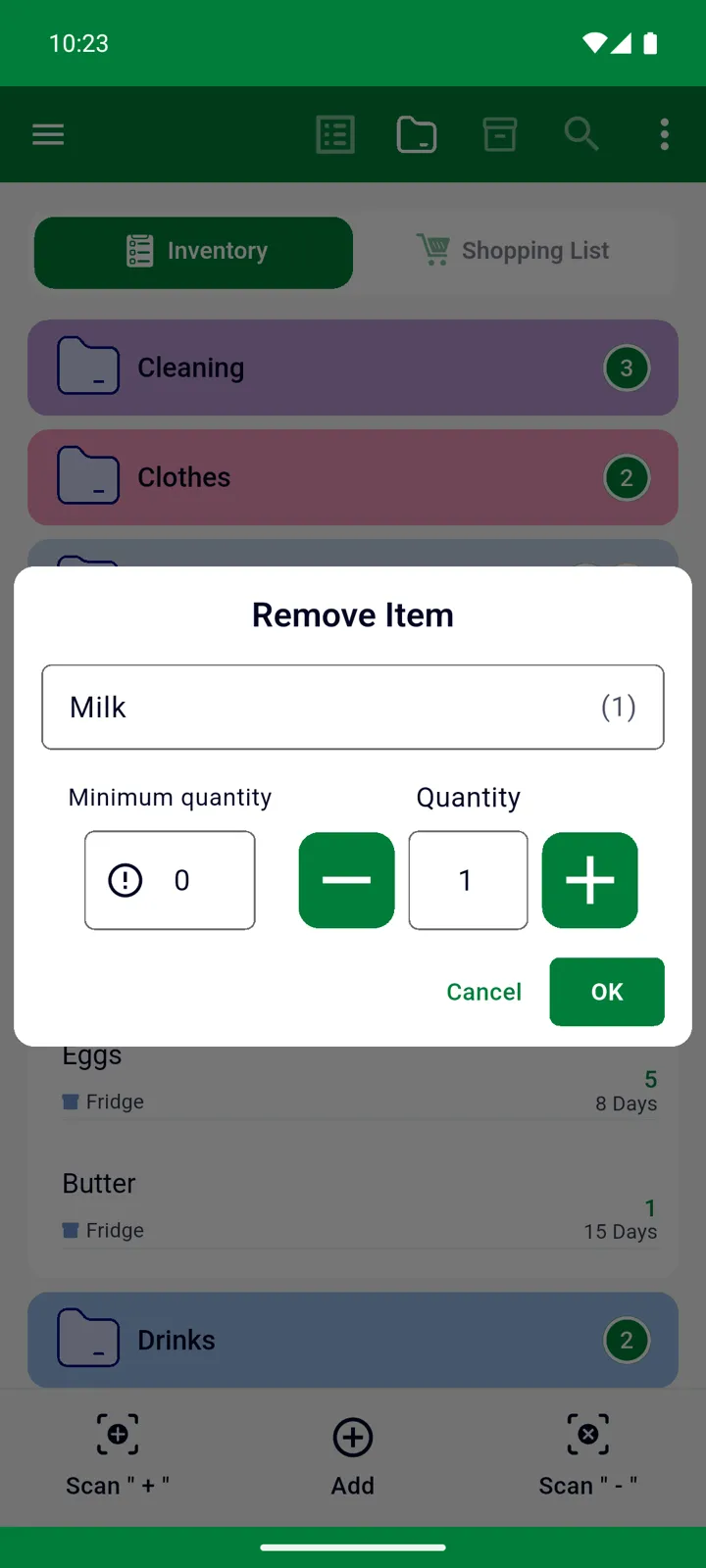 The Remove Item dialog for Milk, suggesting 1 to take out