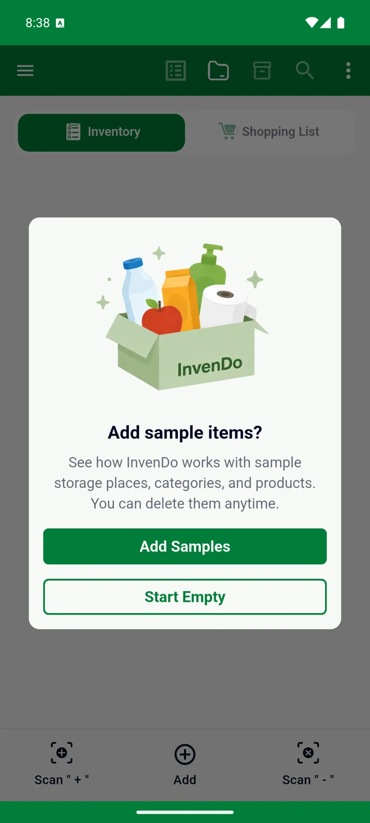 The Add sample items? dialog, with Add Samples and Start Empty