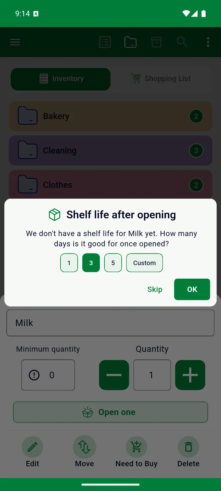 The shelf-life question for Milk, with the 1, 3, 5 and Custom choices