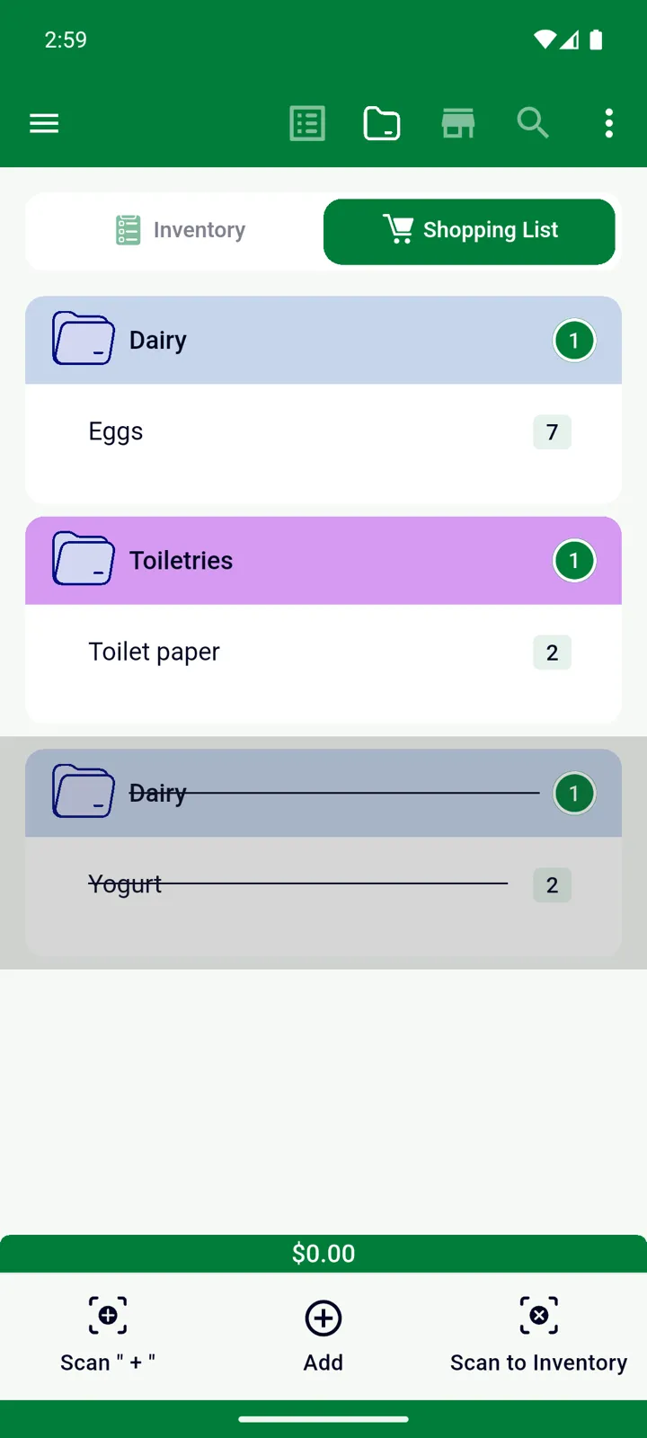 Yogurt crossed off, below the items still to buy
