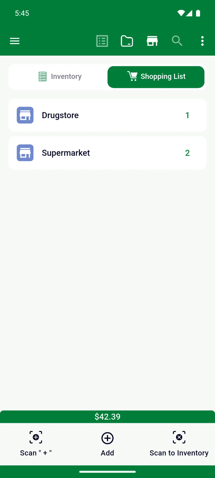 The Shopping List grouped by store, with a count per store