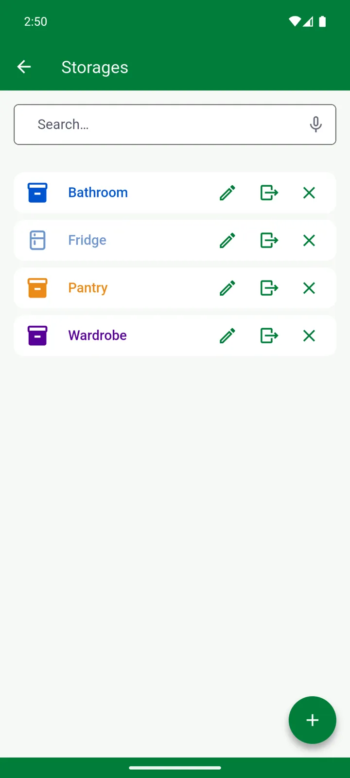 Manage → Storages: four places, with Fridge carrying a fridge icon