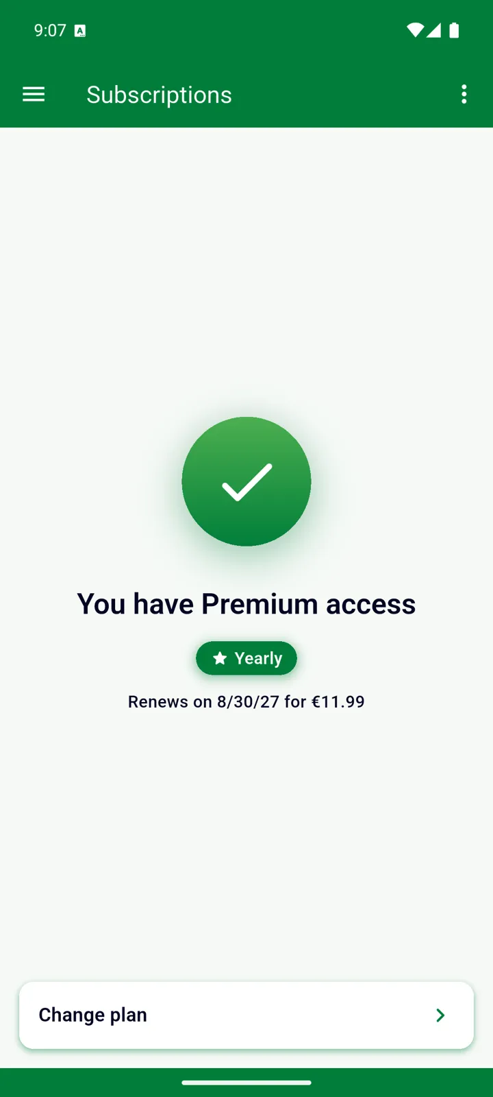 The Subscriptions screen with You have Premium access