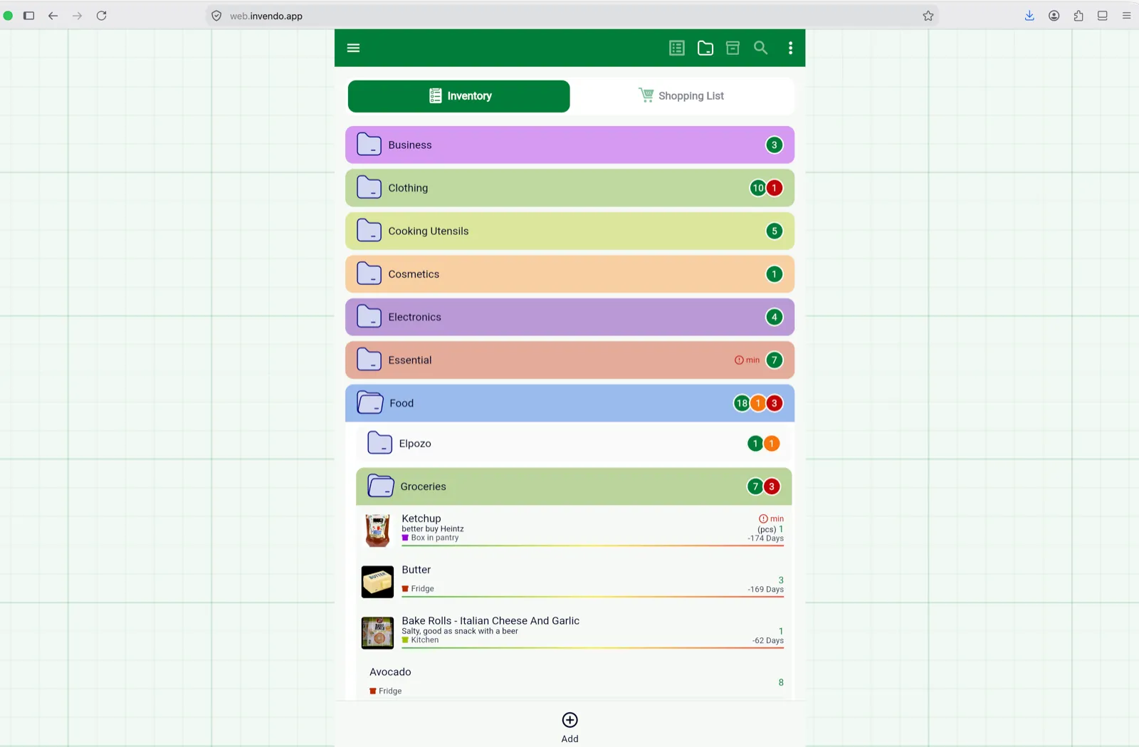 The web version in a desktop browser: the same Inventory in a centred column, with Add as the only bottom-bar button