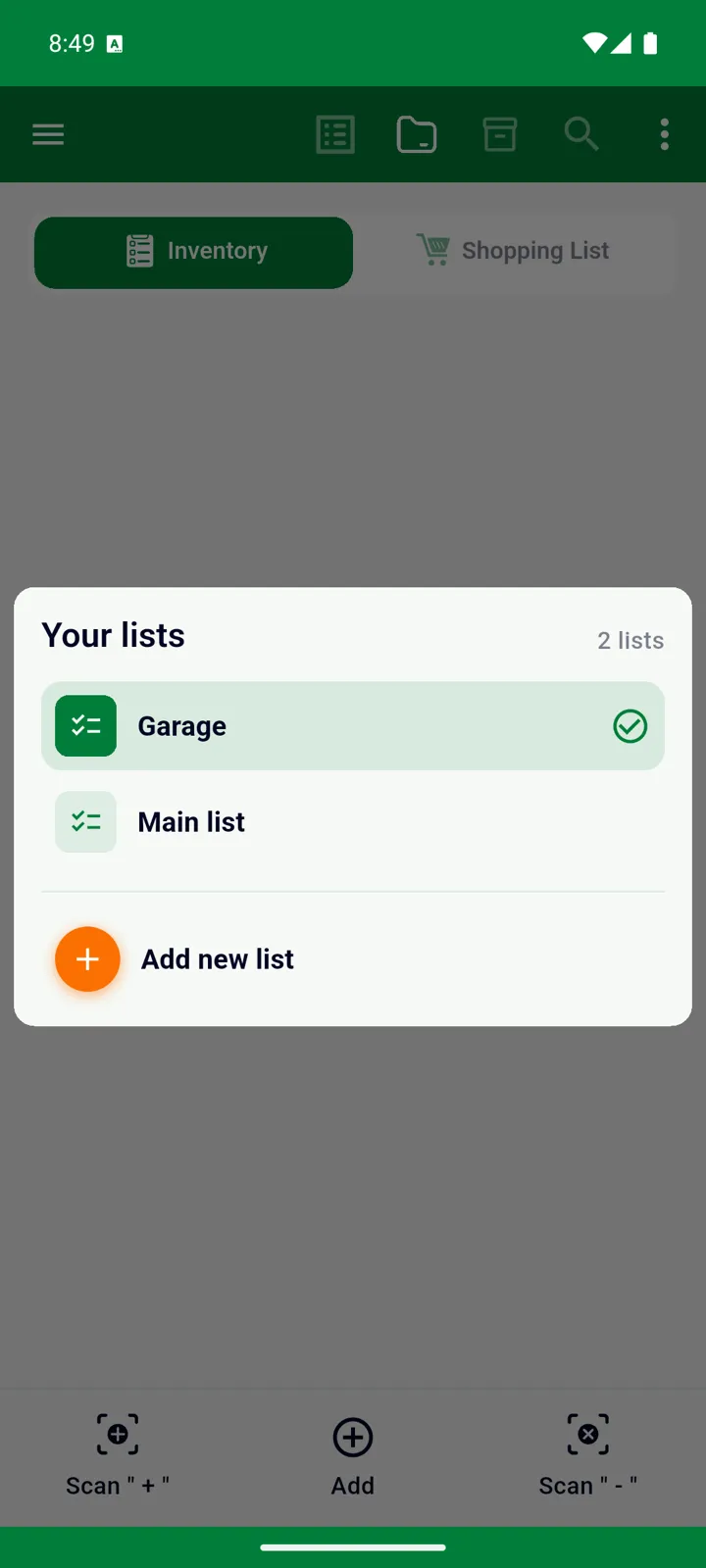 The Your lists dialog with two lists and Add new list